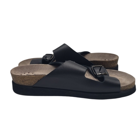 Mephisto Black Leather Two Strap Sandals Adjustable Buckles Cork Footbed Size 37 - Picture 13 of 16
